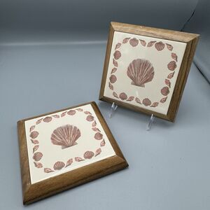 Vtg Pair of Framed Tile Sango Trivet Wall Hanging COQUILLE 3664 Peach Seashells